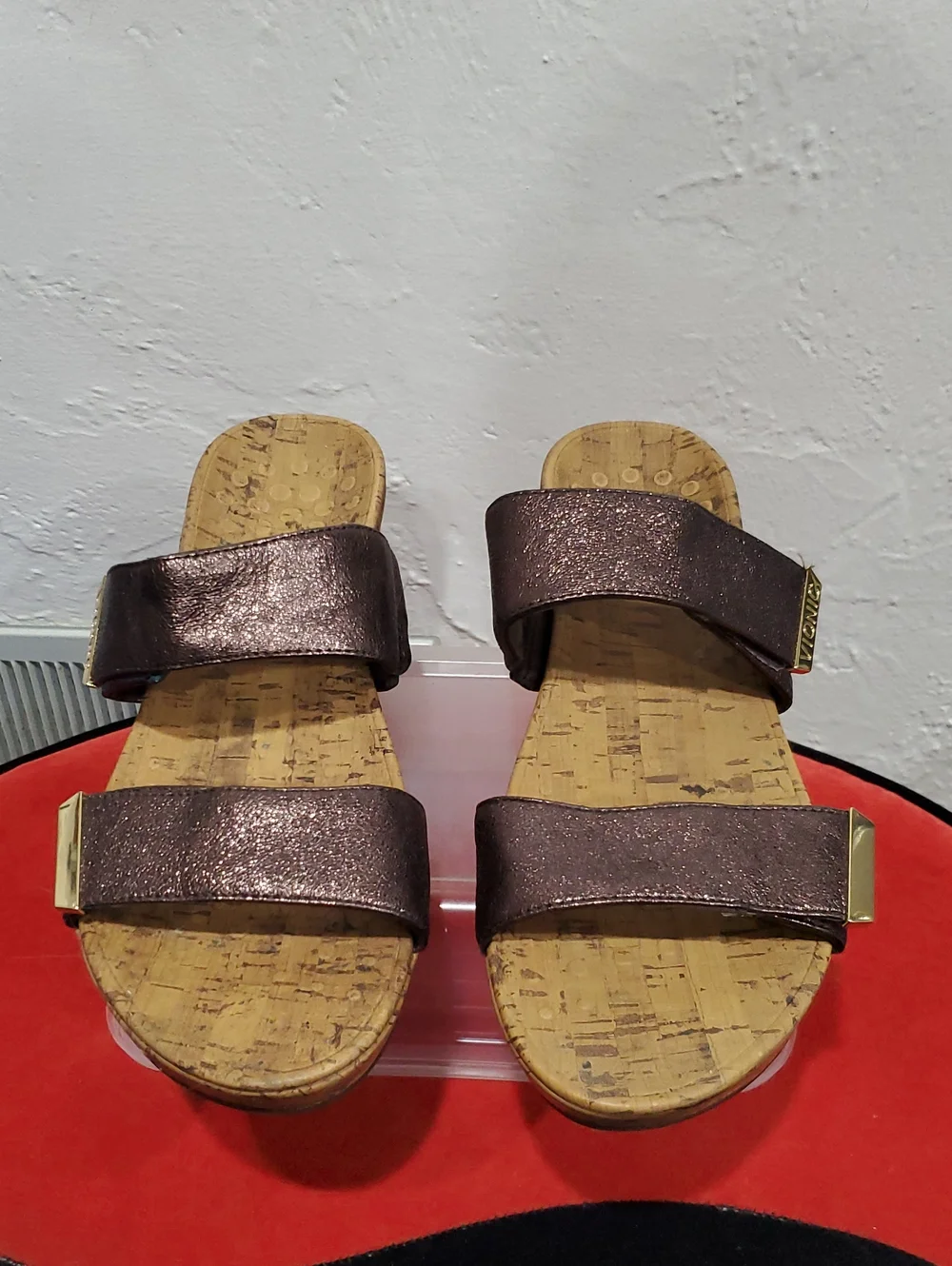 Vionic Pepper Wedge In Metallic Brown Cork Wedge Slide Sandal